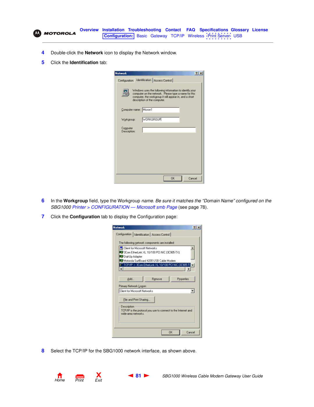 Motorola SBG1000 manual Click the Identification tab 