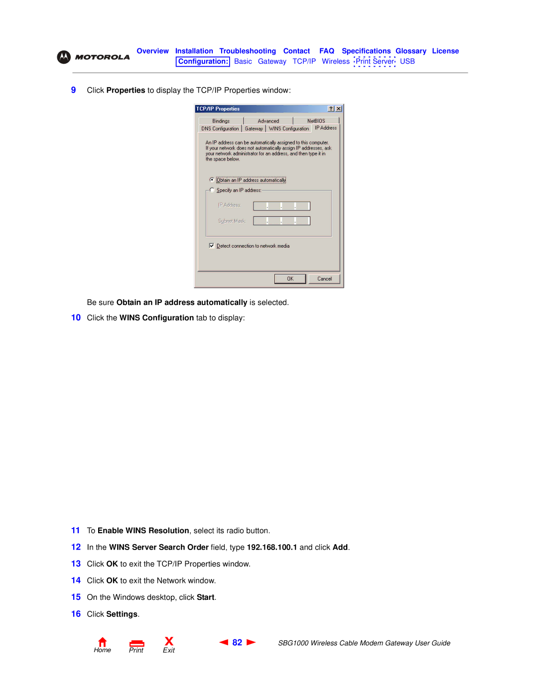 Motorola SBG1000 manual Be sure Obtain an IP address automatically is selected 