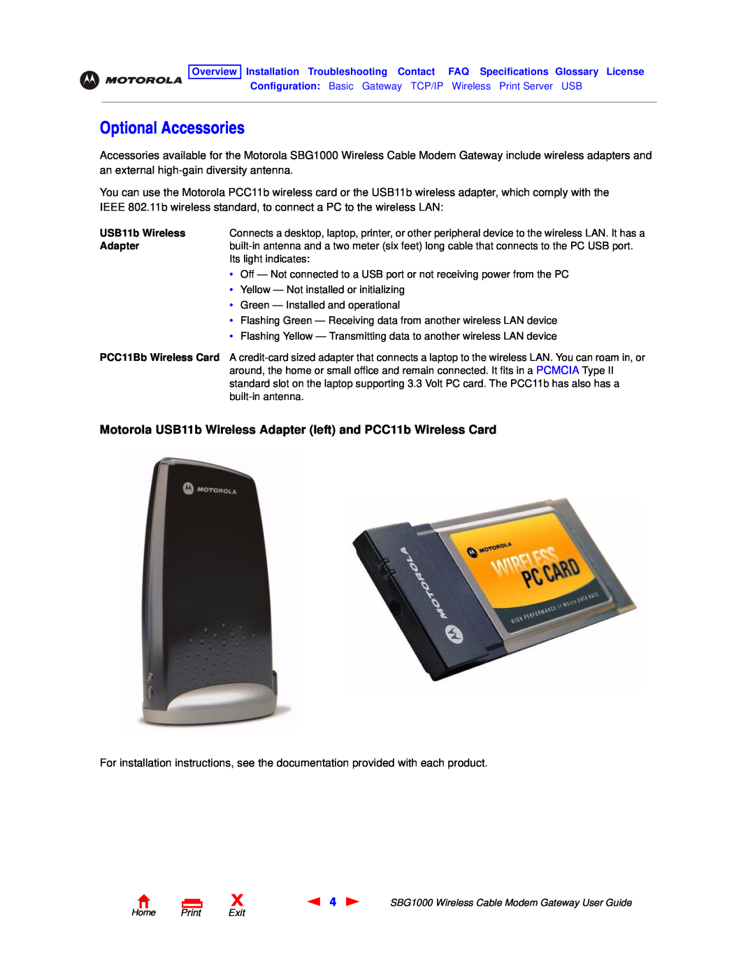 Motorola SBG1000 manual Optional Accessories, Motorola USB11b Wireless Adapter left and PCC11b Wireless Card 