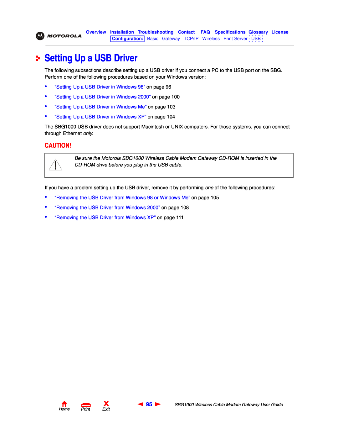 Motorola SBG1000 “Setting Up a USB Driver in Windows 98” on page, “Setting Up a USB Driver in Windows 2000” on page 