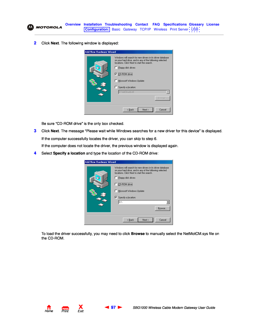 Motorola SBG1000 manual Click Next. The following window is displayed 