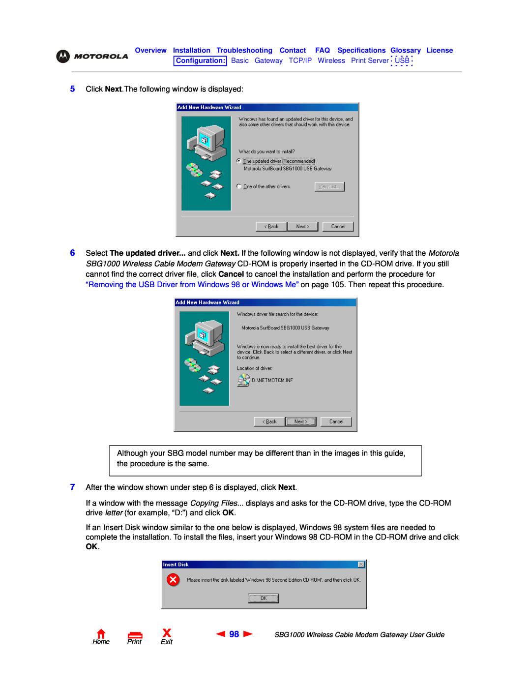 Motorola SBG1000 manual Click Next.The following window is displayed 
