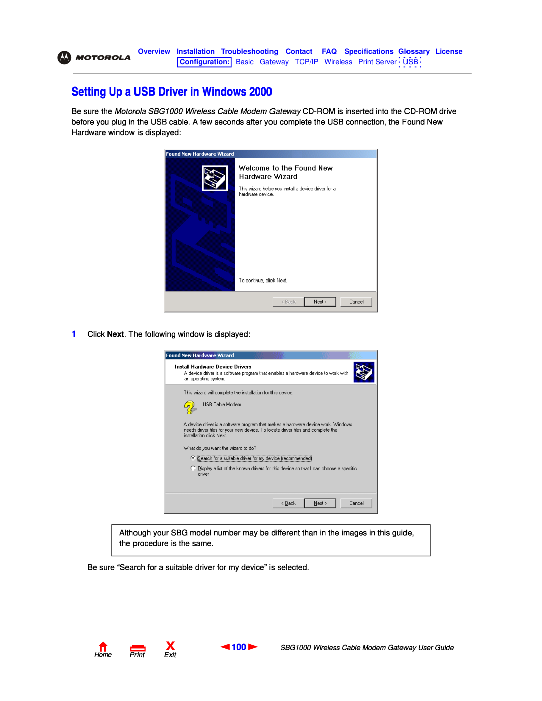 Motorola SBG1000 manual Setting Up a USB Driver in Windows 