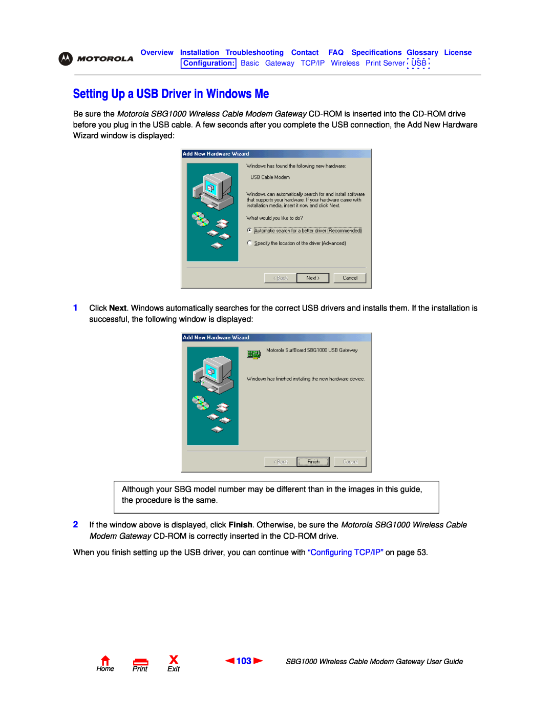 Motorola SBG1000 manual Setting Up a USB Driver in Windows Me, Configuration Basic Gateway TCP/IP Wireless Print Server USB 