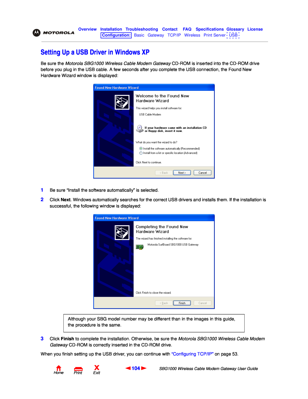 Motorola SBG1000 manual Setting Up a USB Driver in Windows XP 