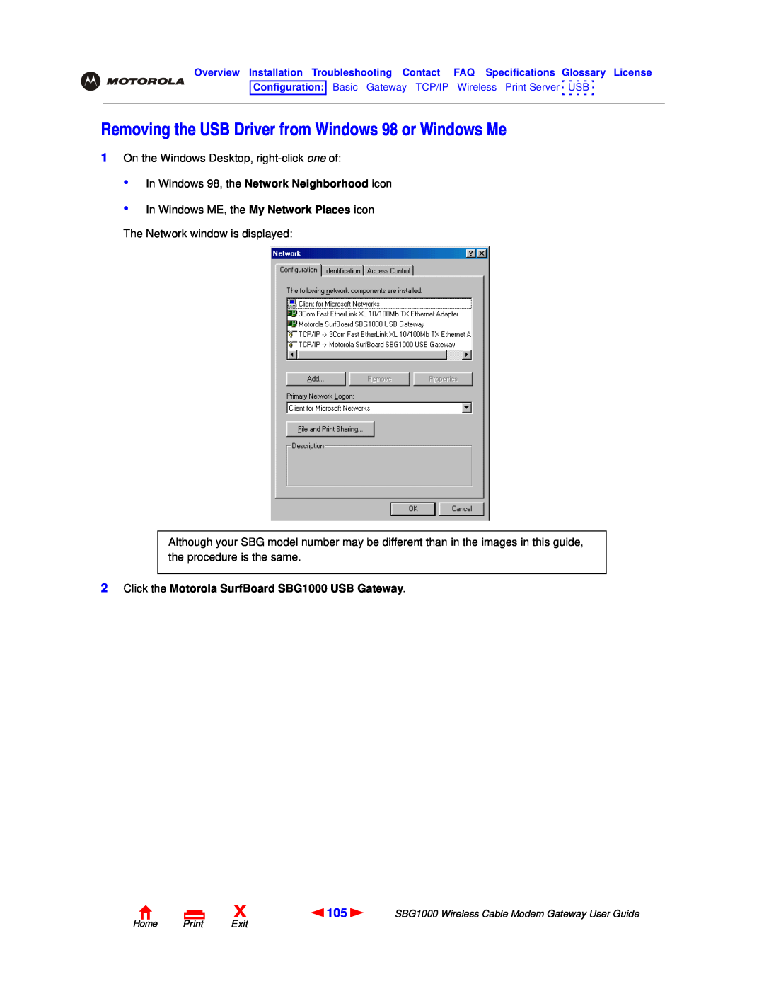Motorola manual Removing the USB Driver from Windows 98 or Windows Me, Click the Motorola SurfBoard SBG1000 USB Gateway 