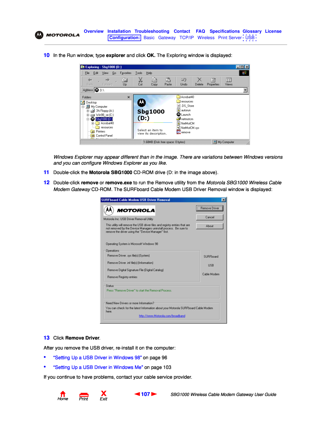 Motorola SBG1000 manual Click Remove Driver, “Setting Up a USB Driver in Windows 98” on page, Home Print Exit 