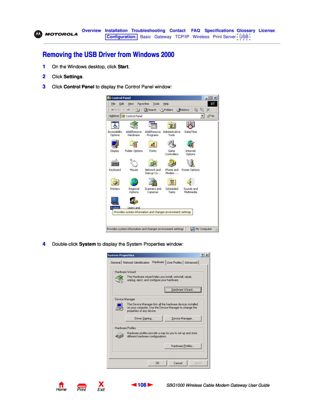 Motorola SBG1000 manual Removing the USB Driver from Windows, Click Settings, Home Print Exit 