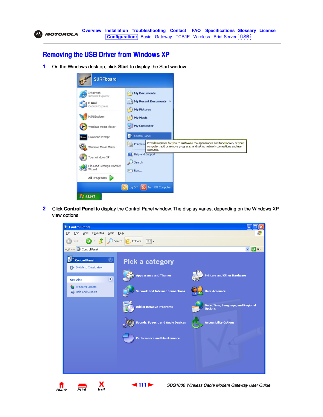 Motorola SBG1000 Removing the USB Driver from Windows XP, On the Windows desktop, click Start to display the Start window 