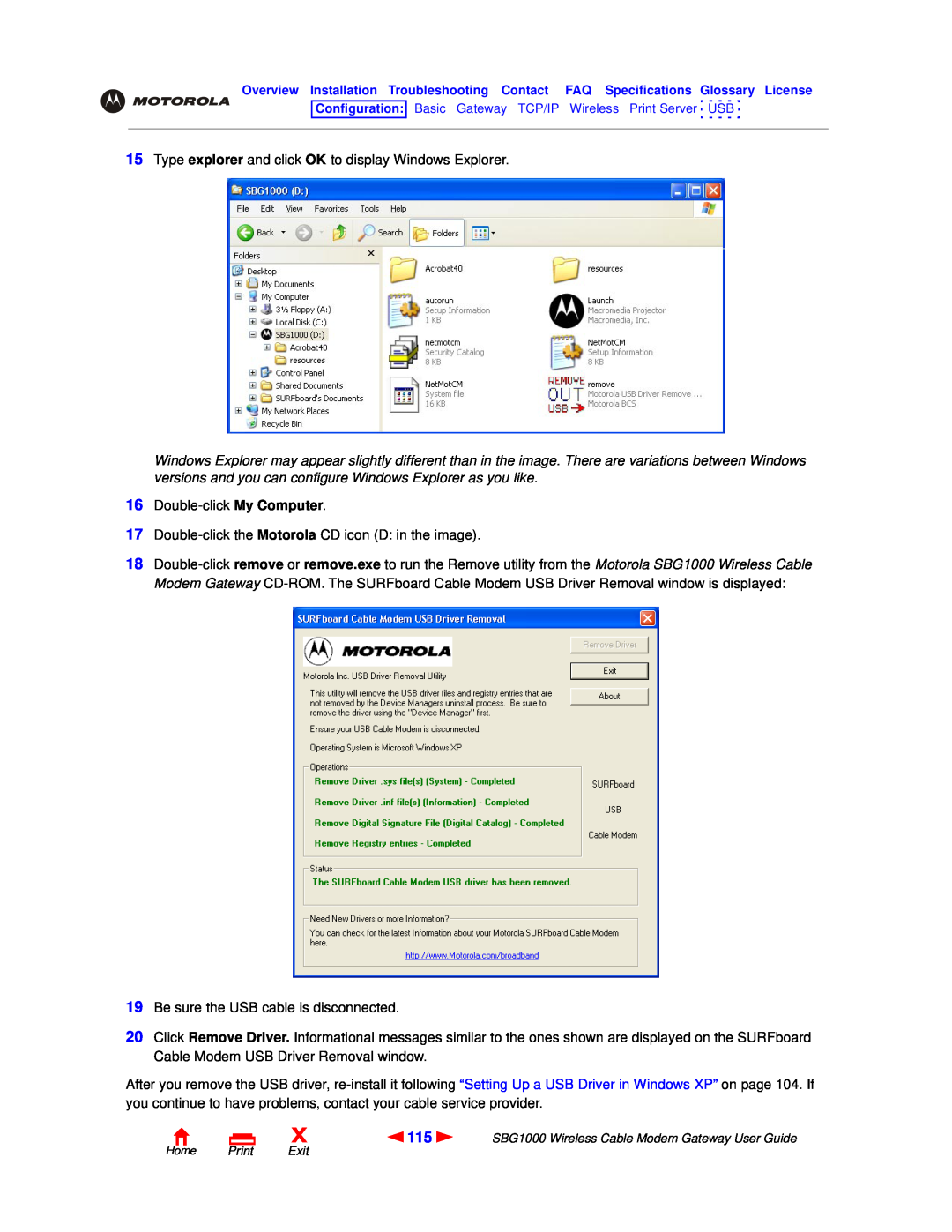 Motorola SBG1000 manual Type explorer and click OK to display Windows Explorer 