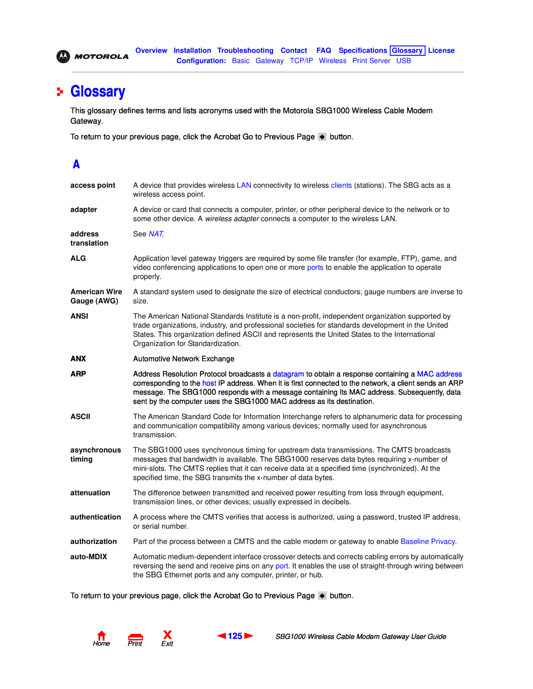Motorola SBG1000 manual Glossary 