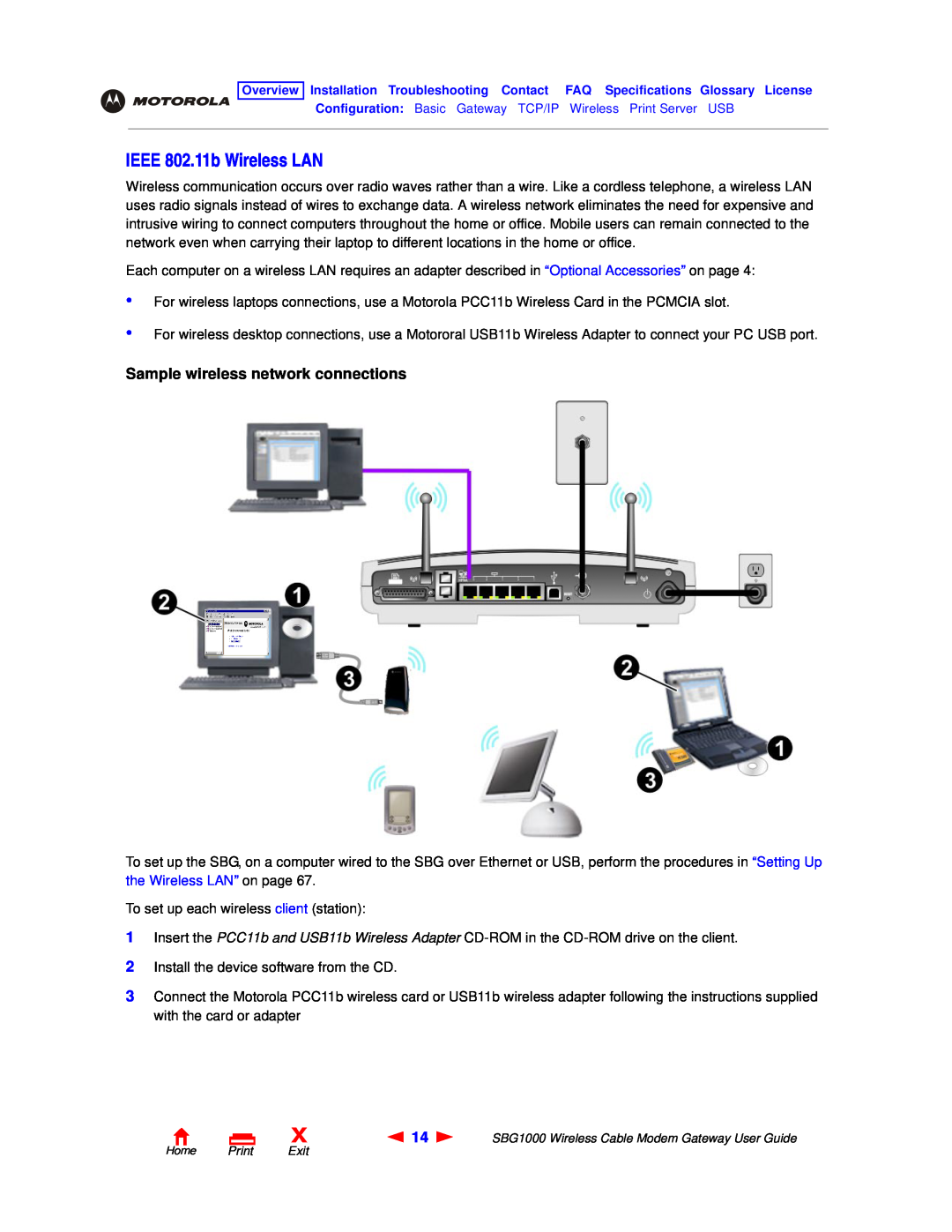 Motorola SBG1000 manual IEEE 802.11b Wireless LAN, Sample wireless network connections 