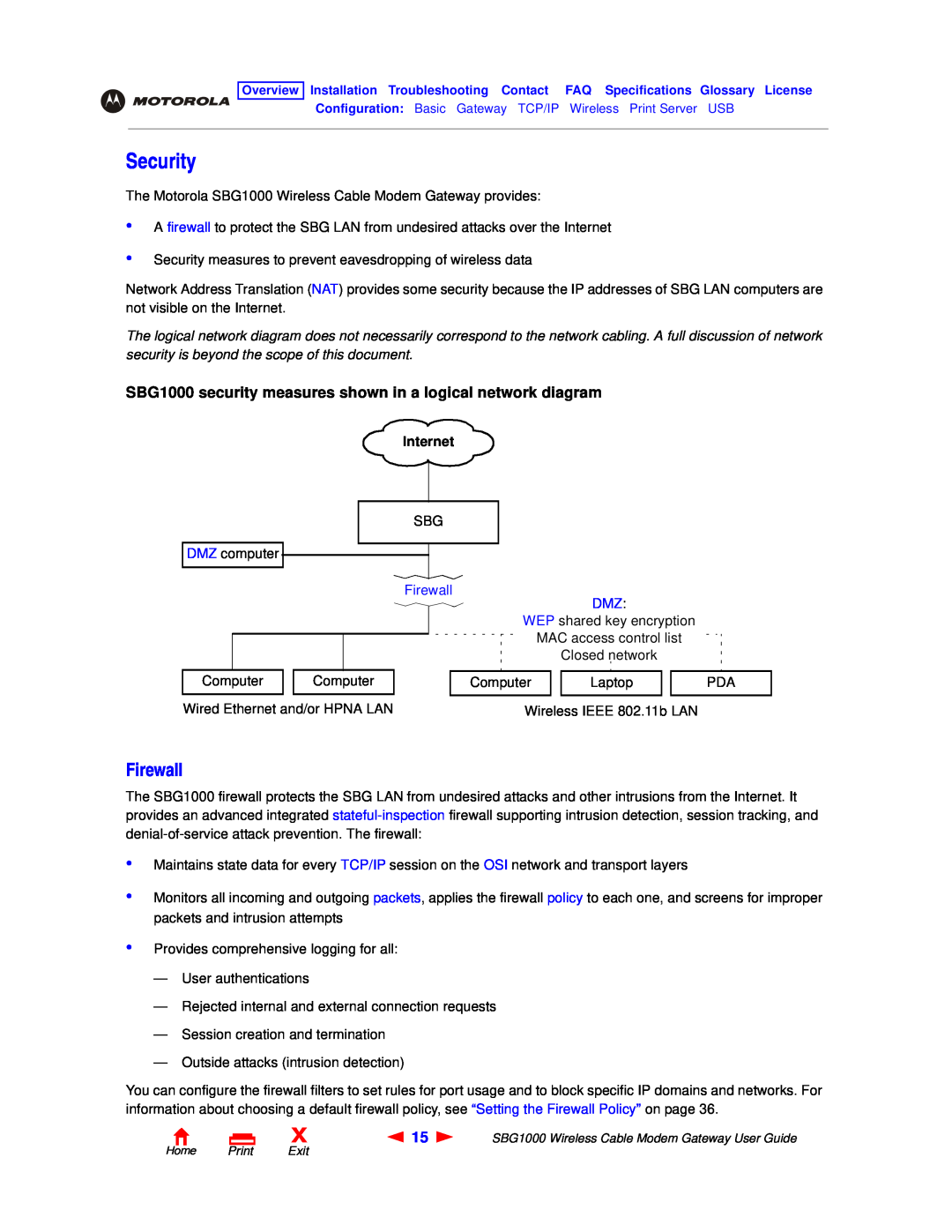 Motorola manual Security, SBG1000 security measures shown in a logical network diagram, Internet, Firewall DMZ 