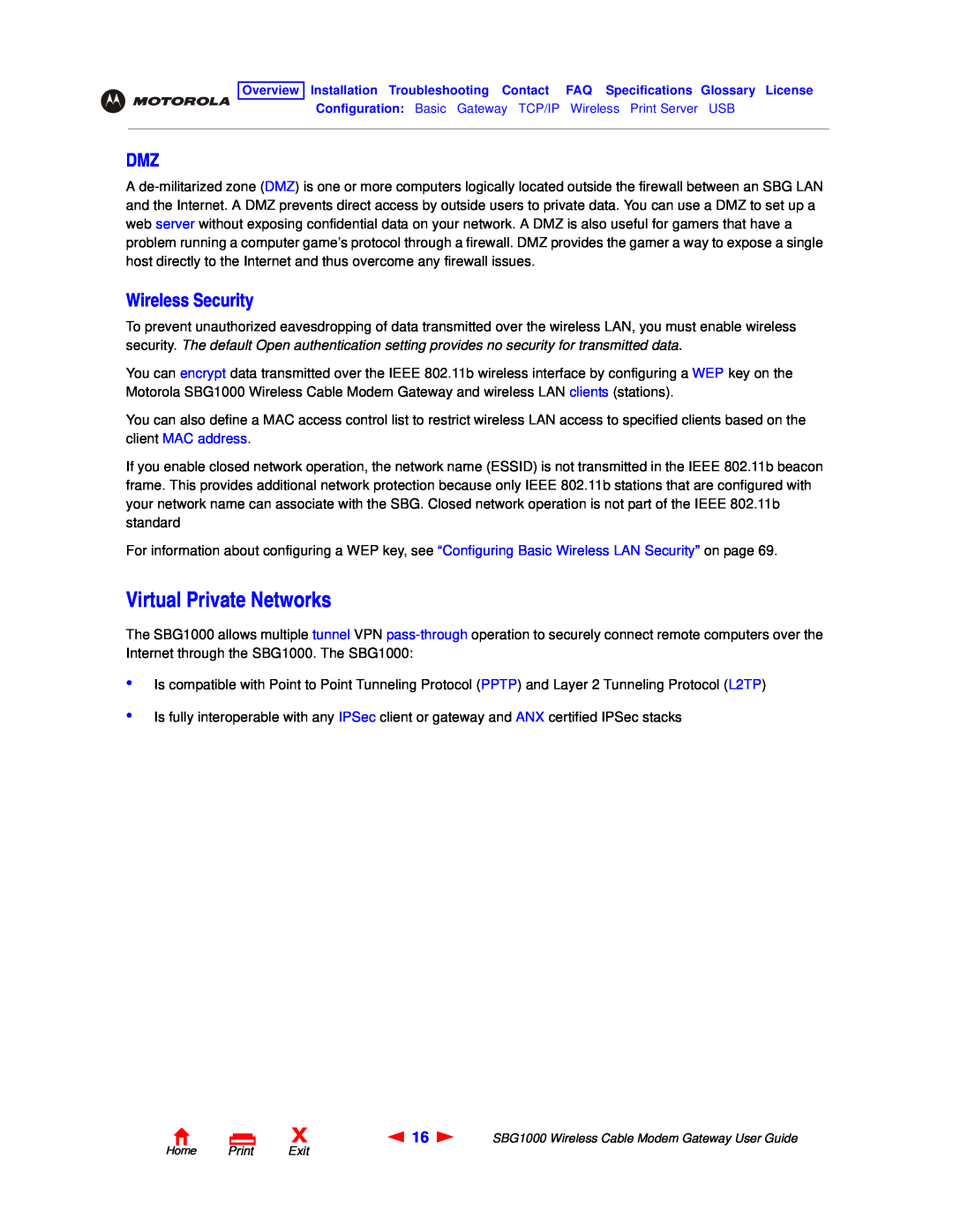 Motorola SBG1000 manual Virtual Private Networks, Wireless Security 