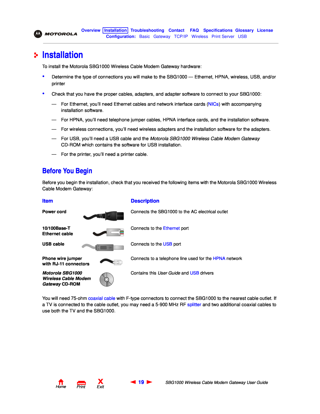Motorola SBG1000 manual Installation, Before You Begin, Description 
