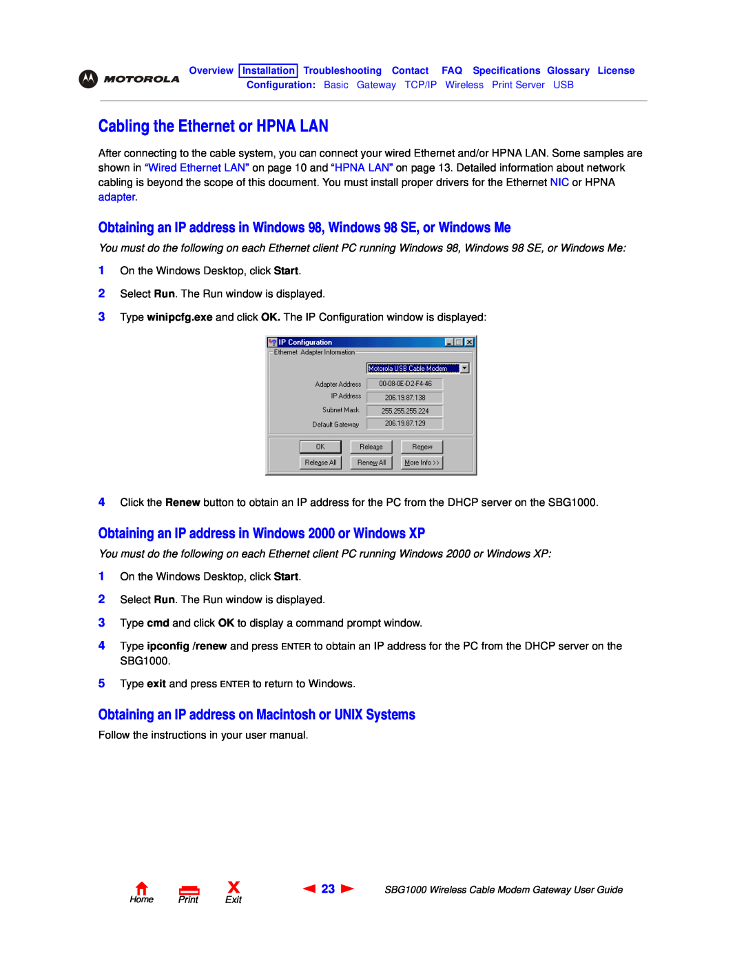 Motorola SBG1000 Cabling the Ethernet or HPNA LAN, Obtaining an IP address in Windows 98, Windows 98 SE, or Windows Me 