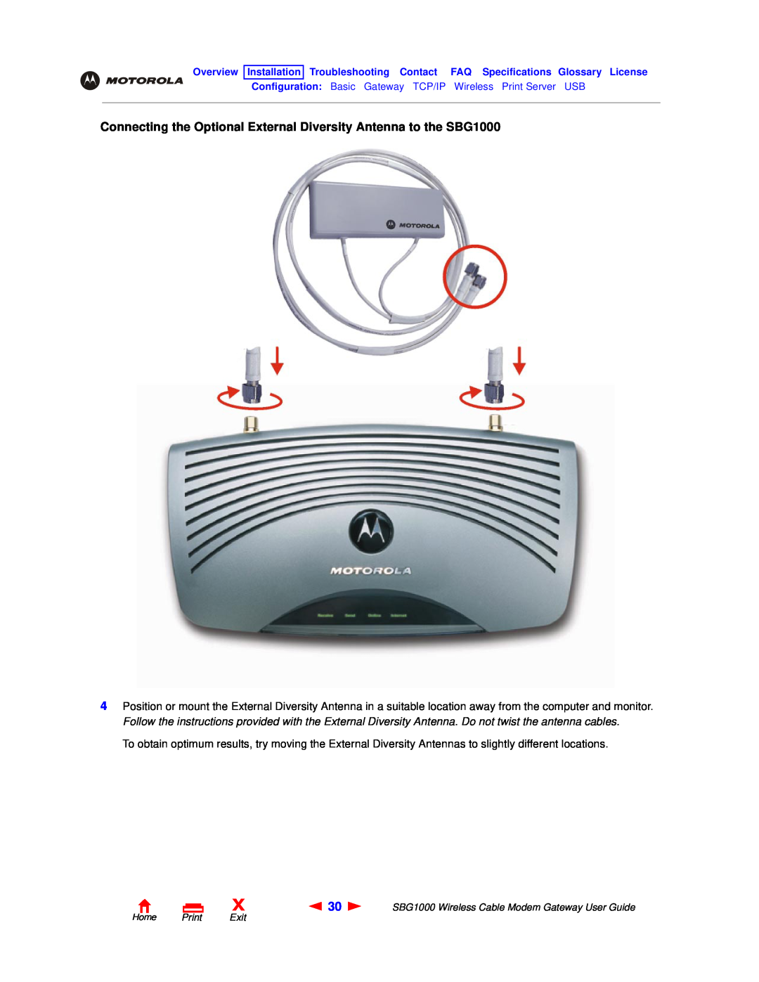Motorola manual Connecting the Optional External Diversity Antenna to the SBG1000, Home Print Exit 