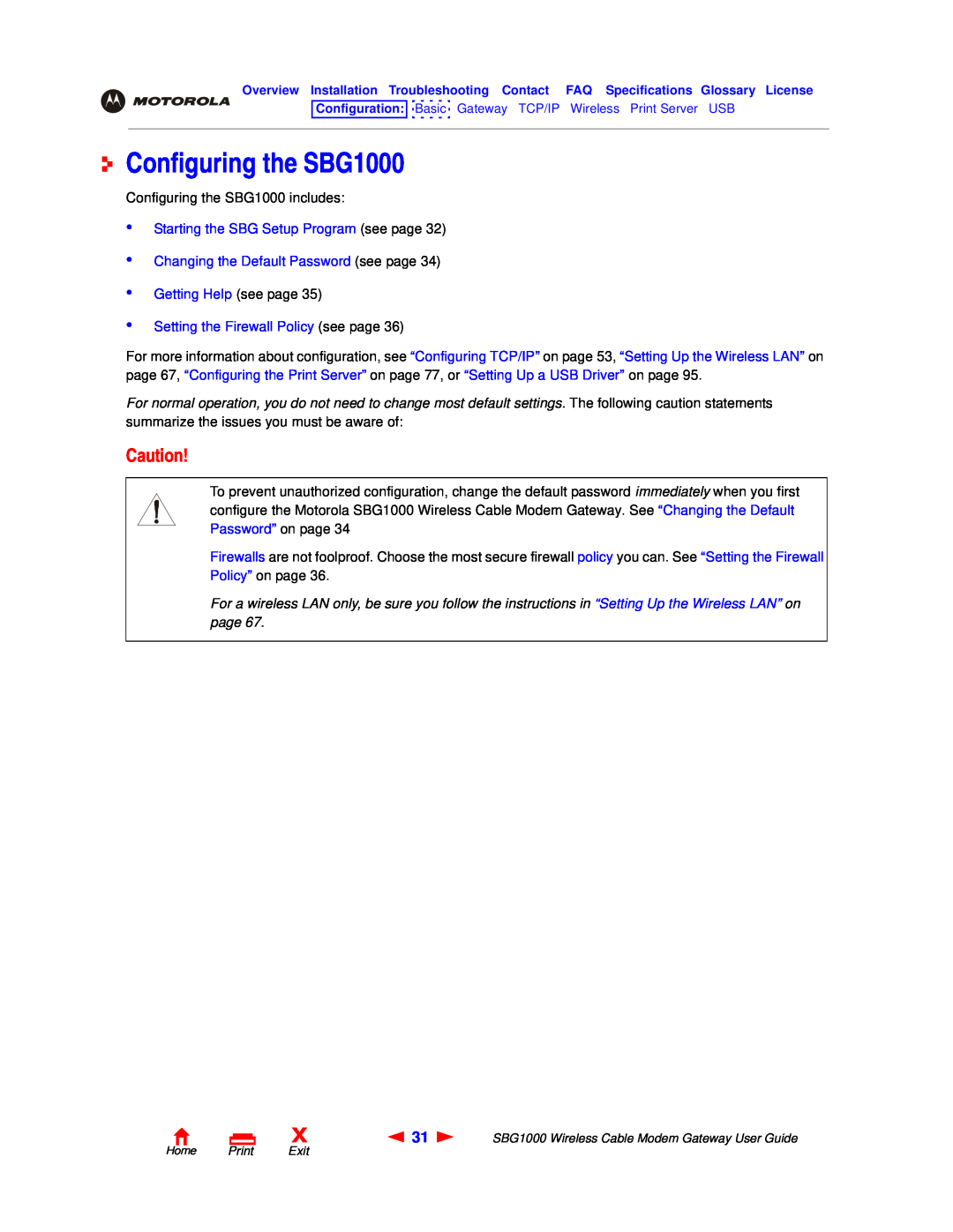Motorola manual Configuring the SBG1000, Starting the SBG Setup Program see page, Setting the Firewall Policy see page 