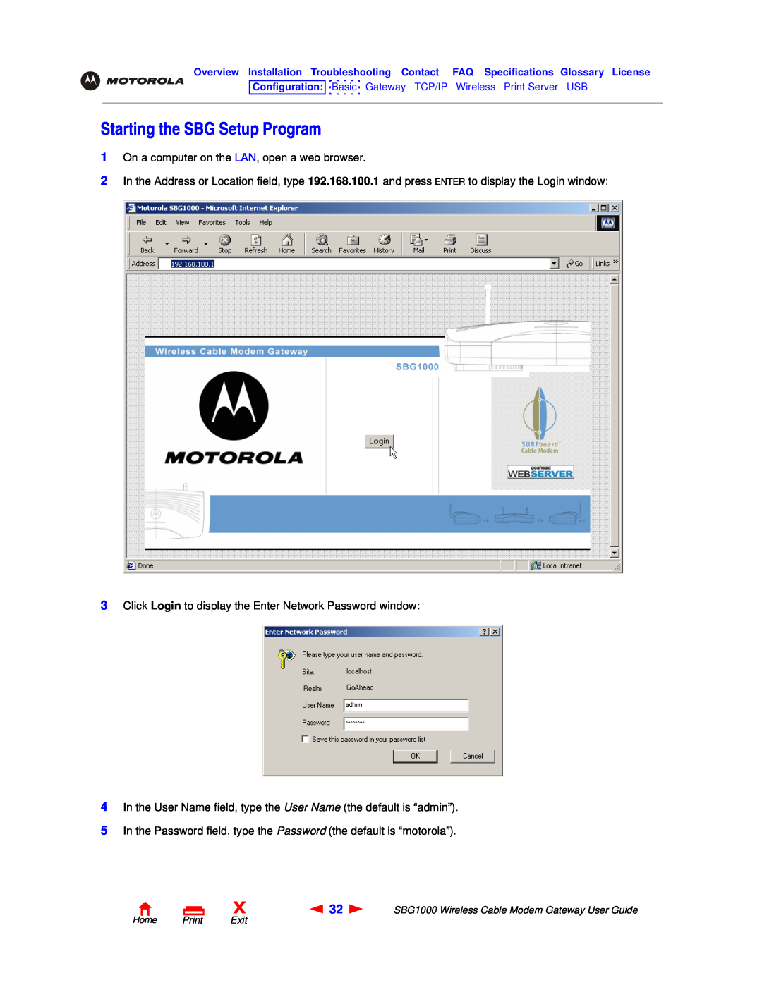 Motorola SBG1000 manual Starting the SBG Setup Program 