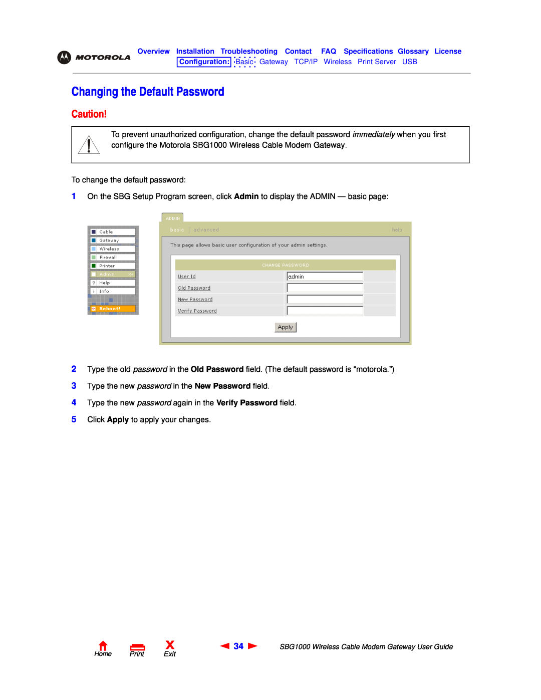 Motorola SBG1000 manual Changing the Default Password 