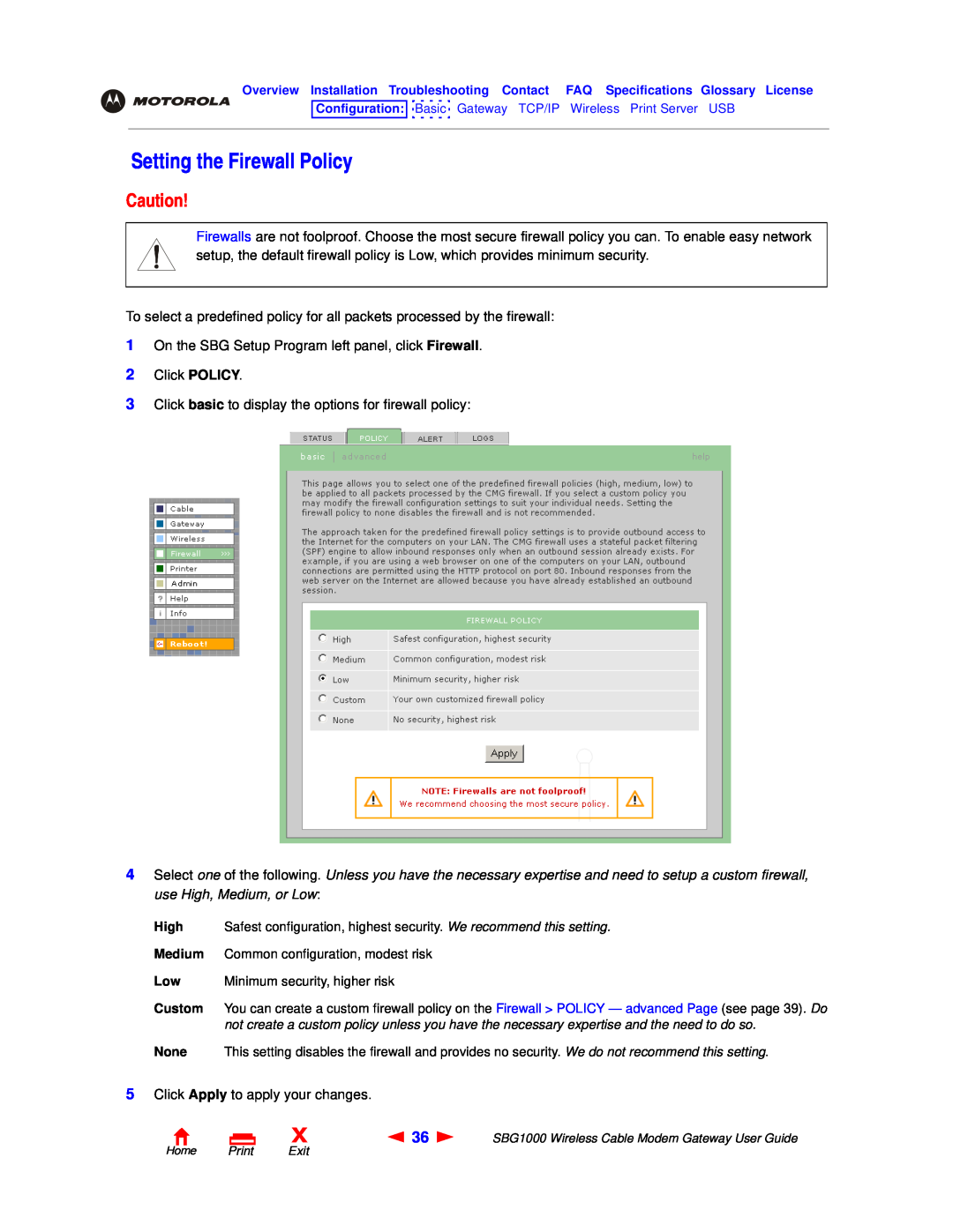 Motorola SBG1000 manual Setting the Firewall Policy 