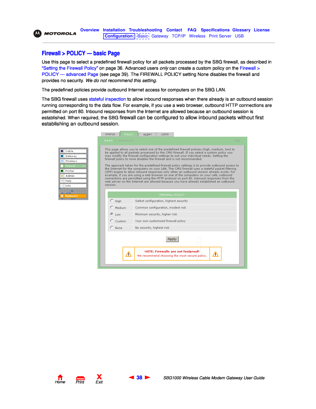 Motorola SBG1000 manual Firewall POLICY - basic Page, establishing an outbound session 