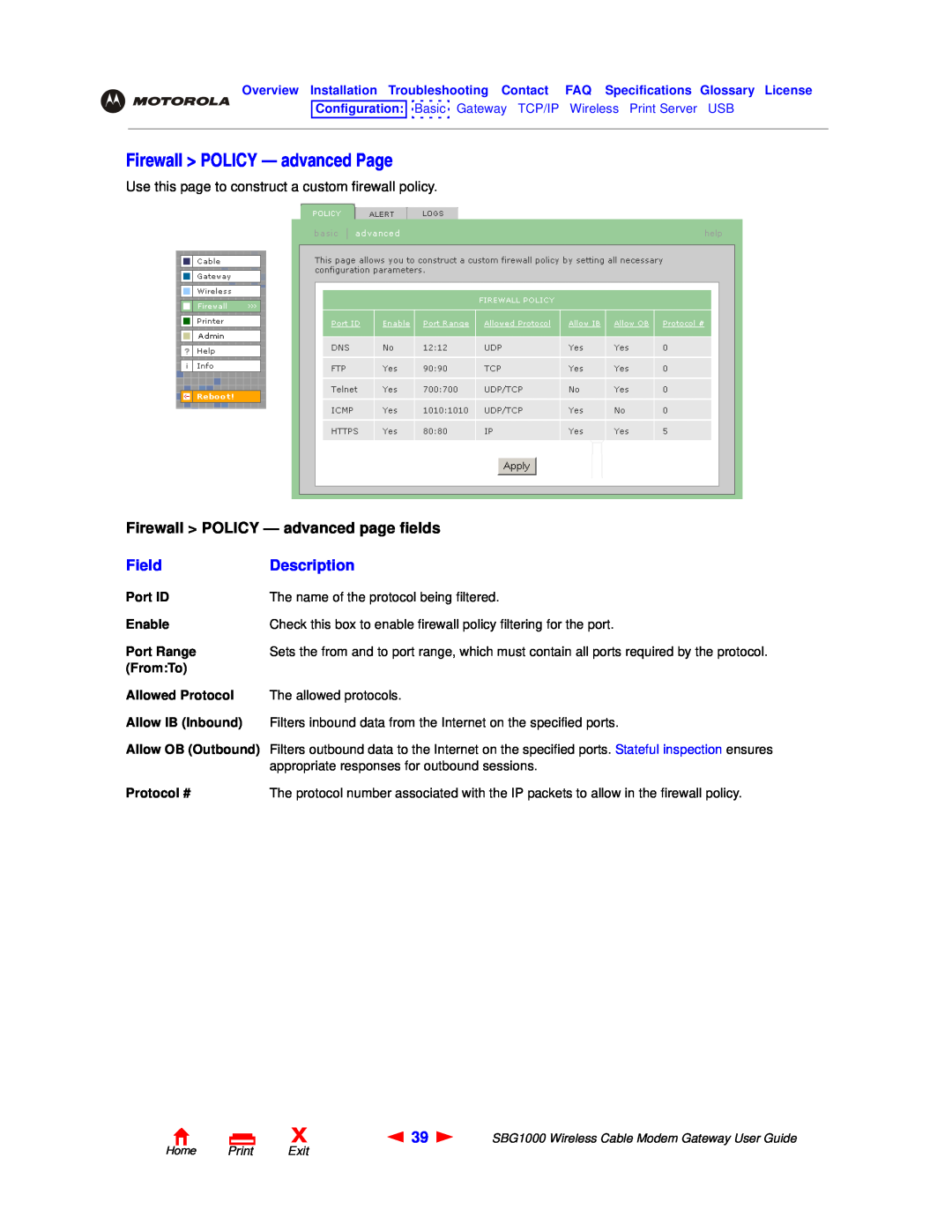Motorola SBG1000 manual Firewall POLICY - advanced Page, Firewall POLICY - advanced page fields, Field, Description 