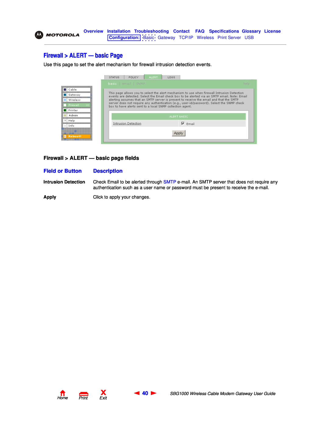 Motorola SBG1000 manual Firewall ALERT - basic Page, Firewall ALERT - basic page fields, Field or Button, Description 