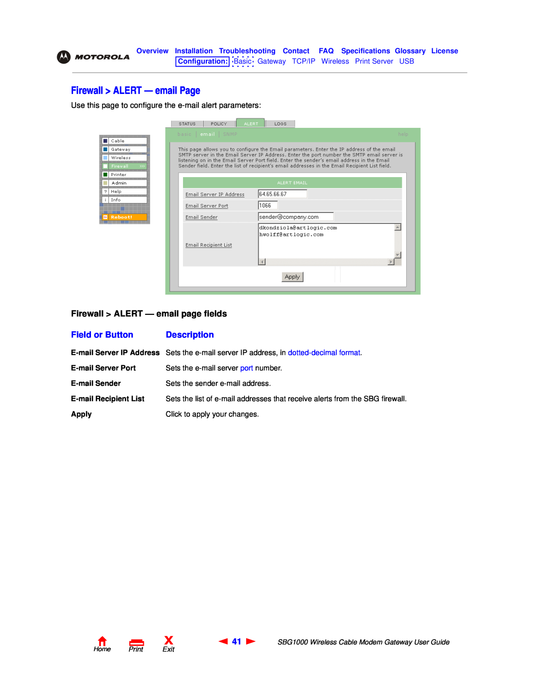 Motorola SBG1000 manual Firewall ALERT - email Page, Firewall ALERT - email page fields, Field or Button, Description 