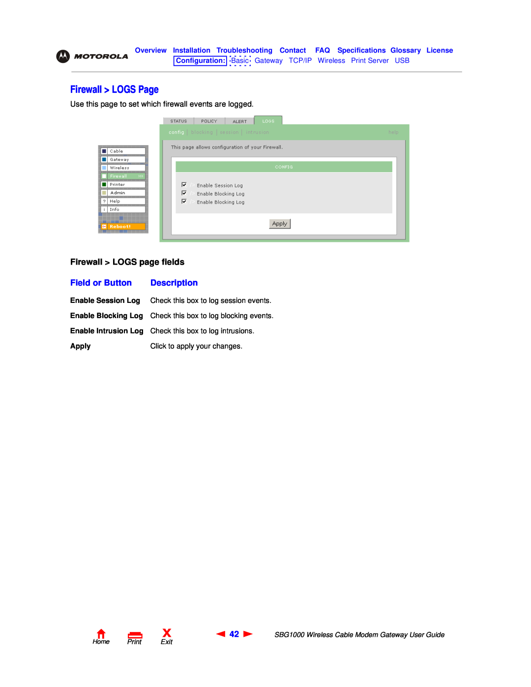 Motorola SBG1000 manual Firewall LOGS Page, Firewall LOGS page fields, Field or Button, Description, Home Print Exit 