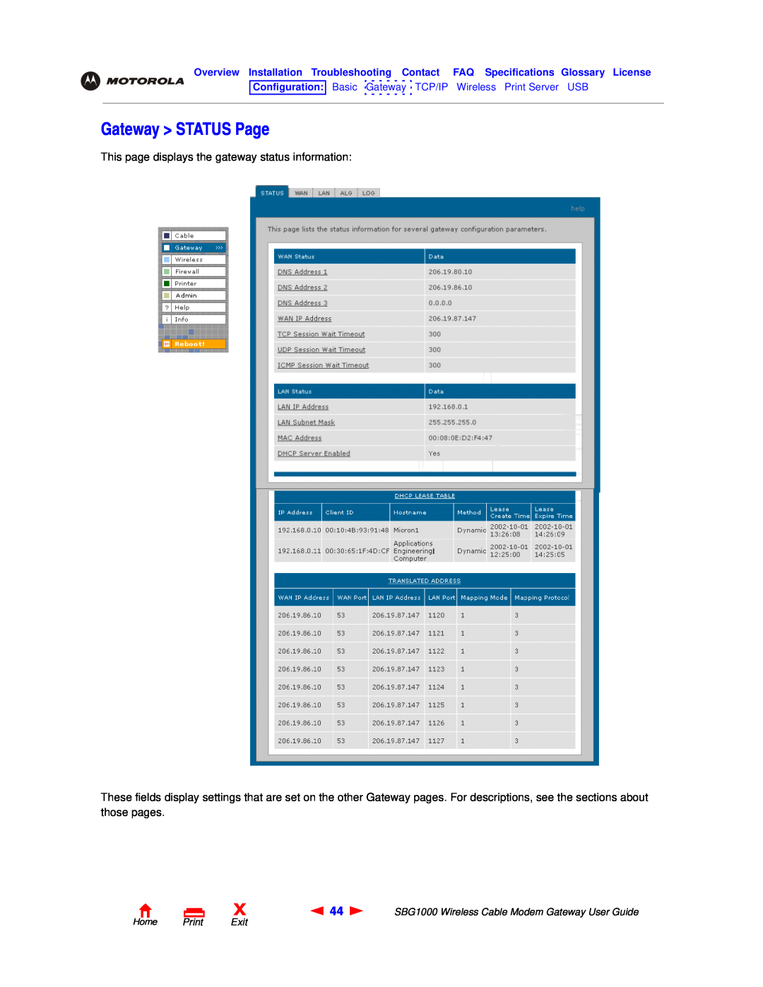 Motorola SBG1000 manual Gateway STATUS Page, This page displays the gateway status information, Home Print Exit 