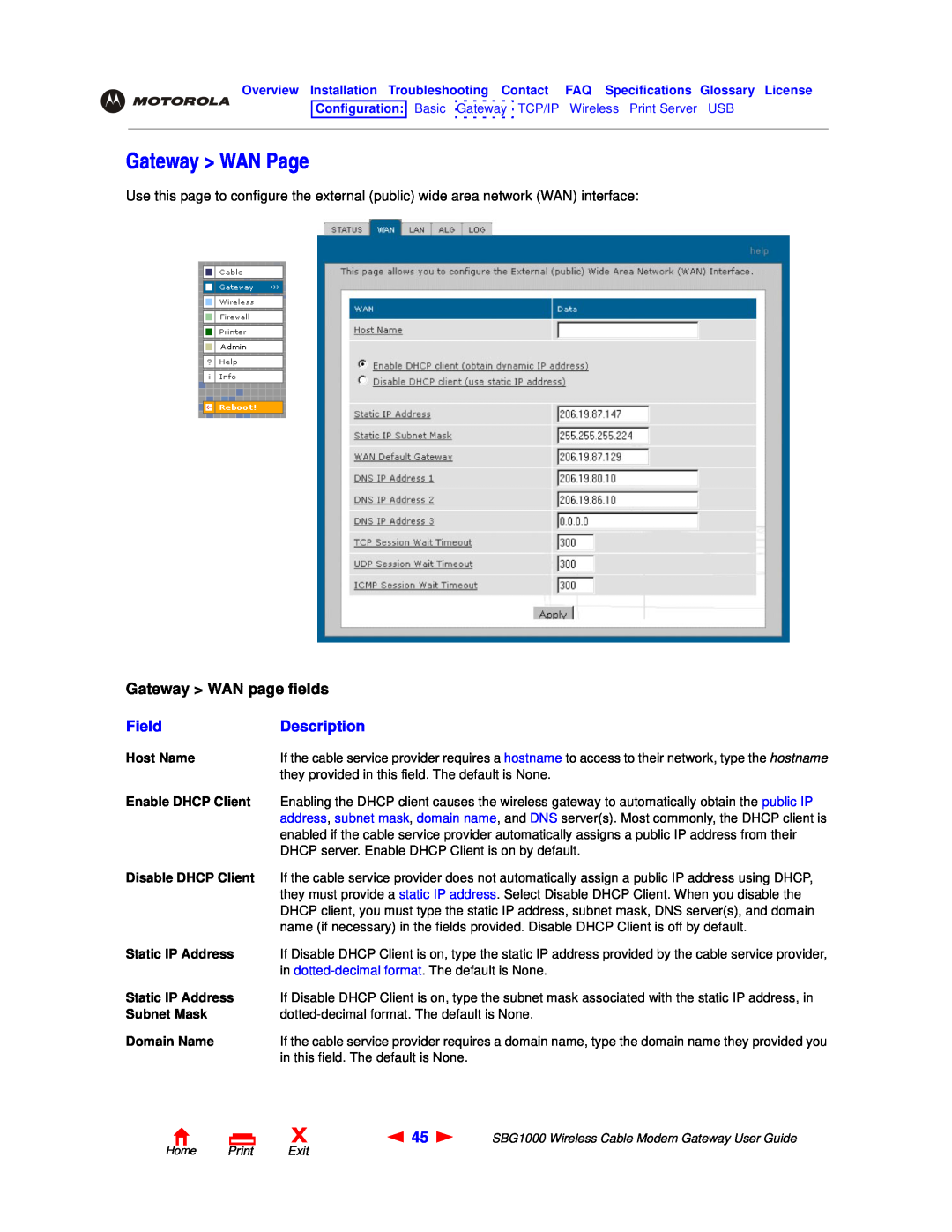Motorola SBG1000 manual Gateway WAN Page, Gateway WAN page fields, Field, Description, Home Print Exit 
