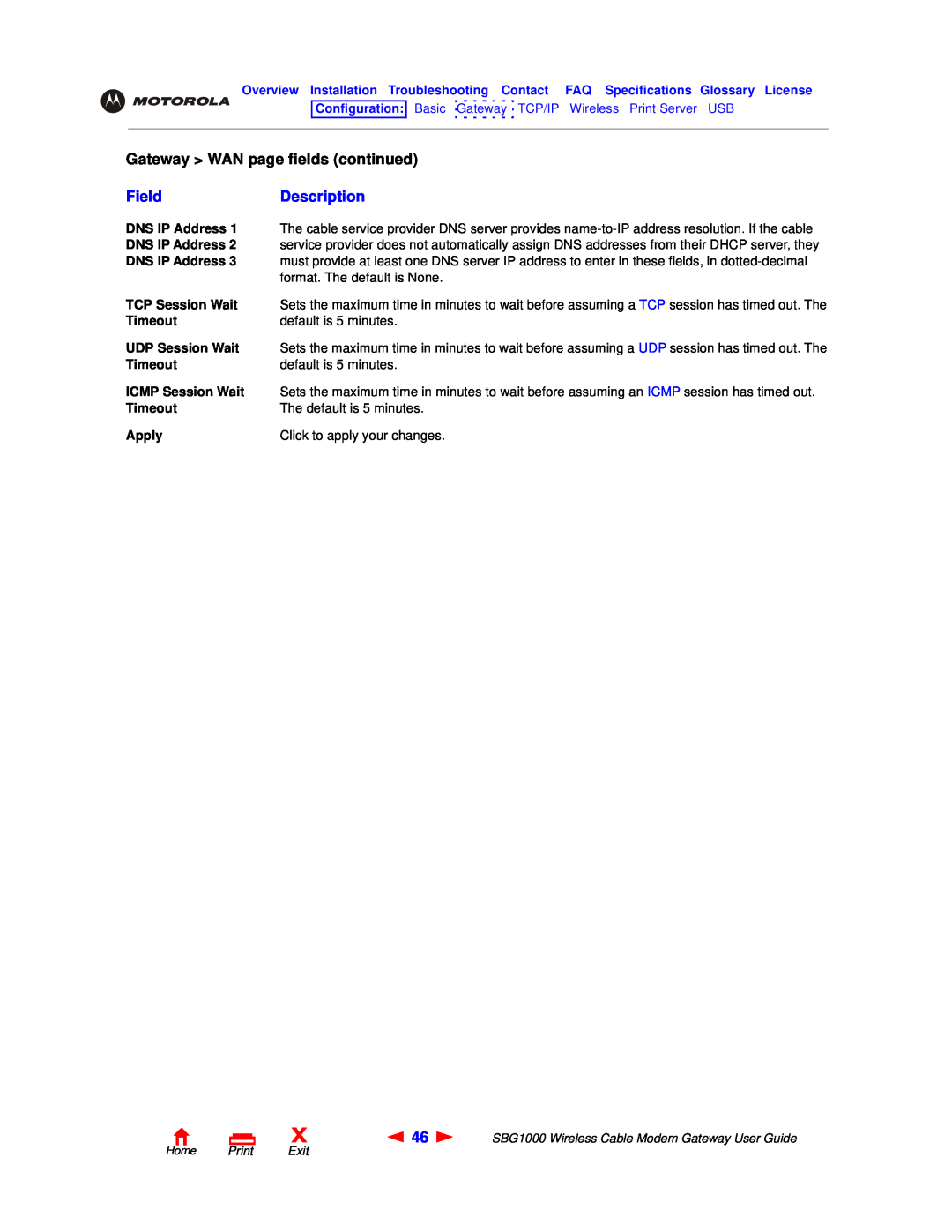 Motorola SBG1000 manual Gateway WAN page fields continued, Field, Description, Home Print Exit 