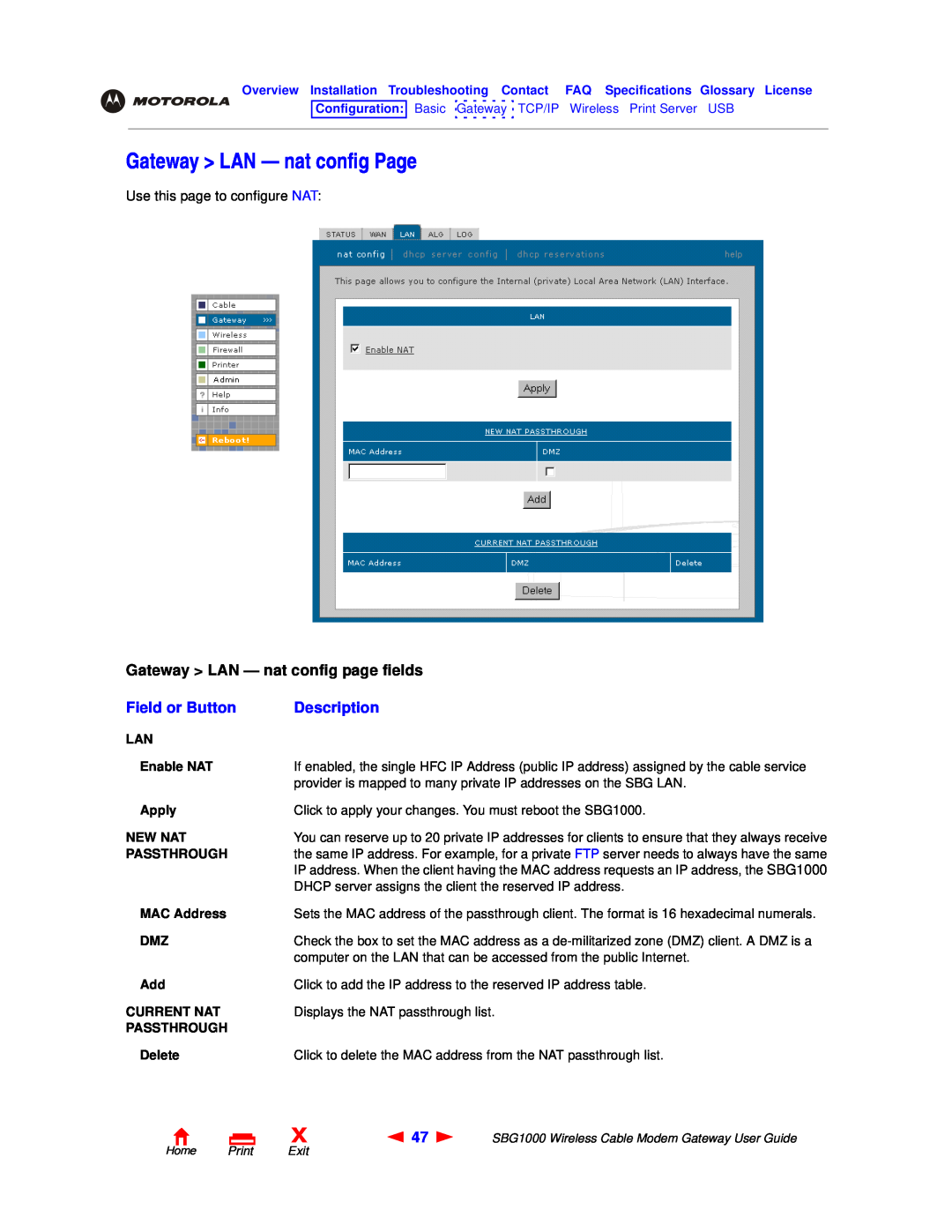 Motorola SBG1000 manual Gateway LAN - nat config Page, Gateway LAN - nat config page fields, Field or Button, Description 