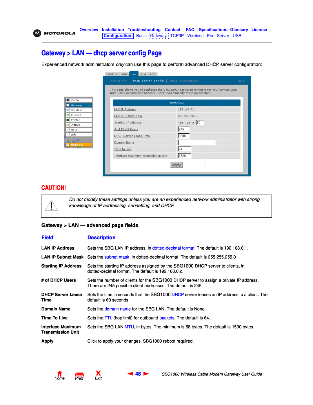 Motorola SBG1000 manual Gateway LAN - dhcp server config Page, Gateway LAN - advanced page fields, FieldDescription 