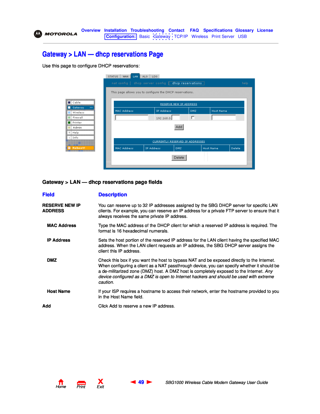 Motorola SBG1000 Gateway LAN - dhcp reservations Page, Gateway LAN - dhcp reservations page fields, Field, Description 