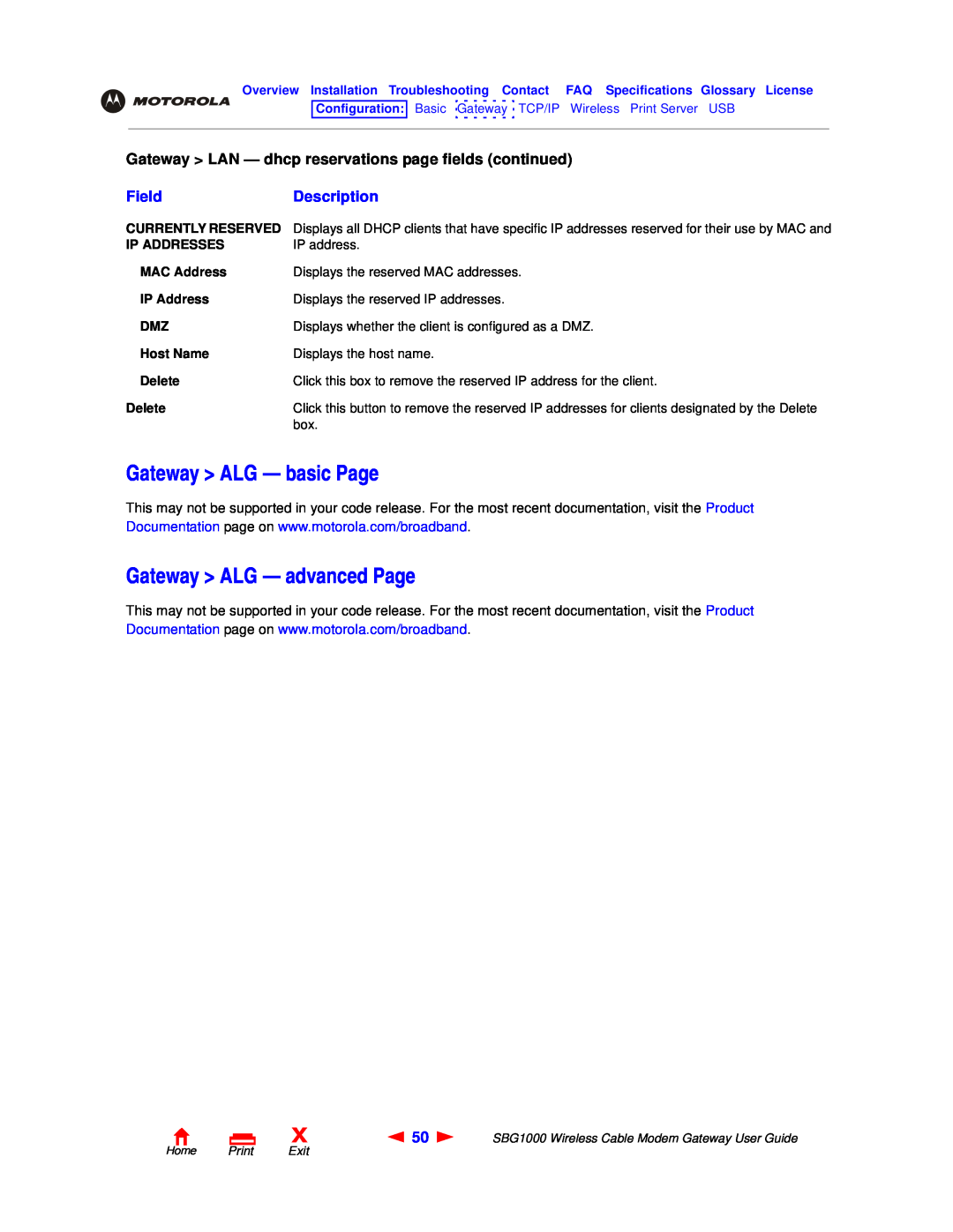 Motorola SBG1000 manual Gateway ALG - basic Page, Gateway ALG - advanced Page, Field, Description, Home Print Exit 
