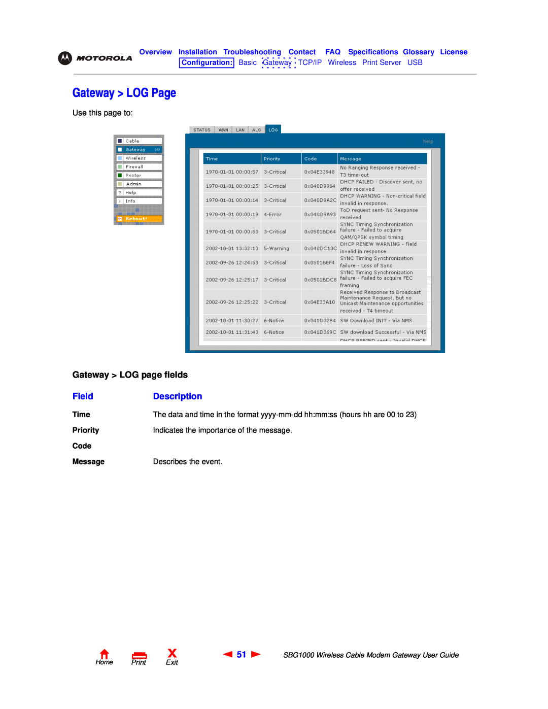 Motorola SBG1000 manual Gateway LOG Page, Gateway LOG page fields, Field, Description, Home Print Exit 