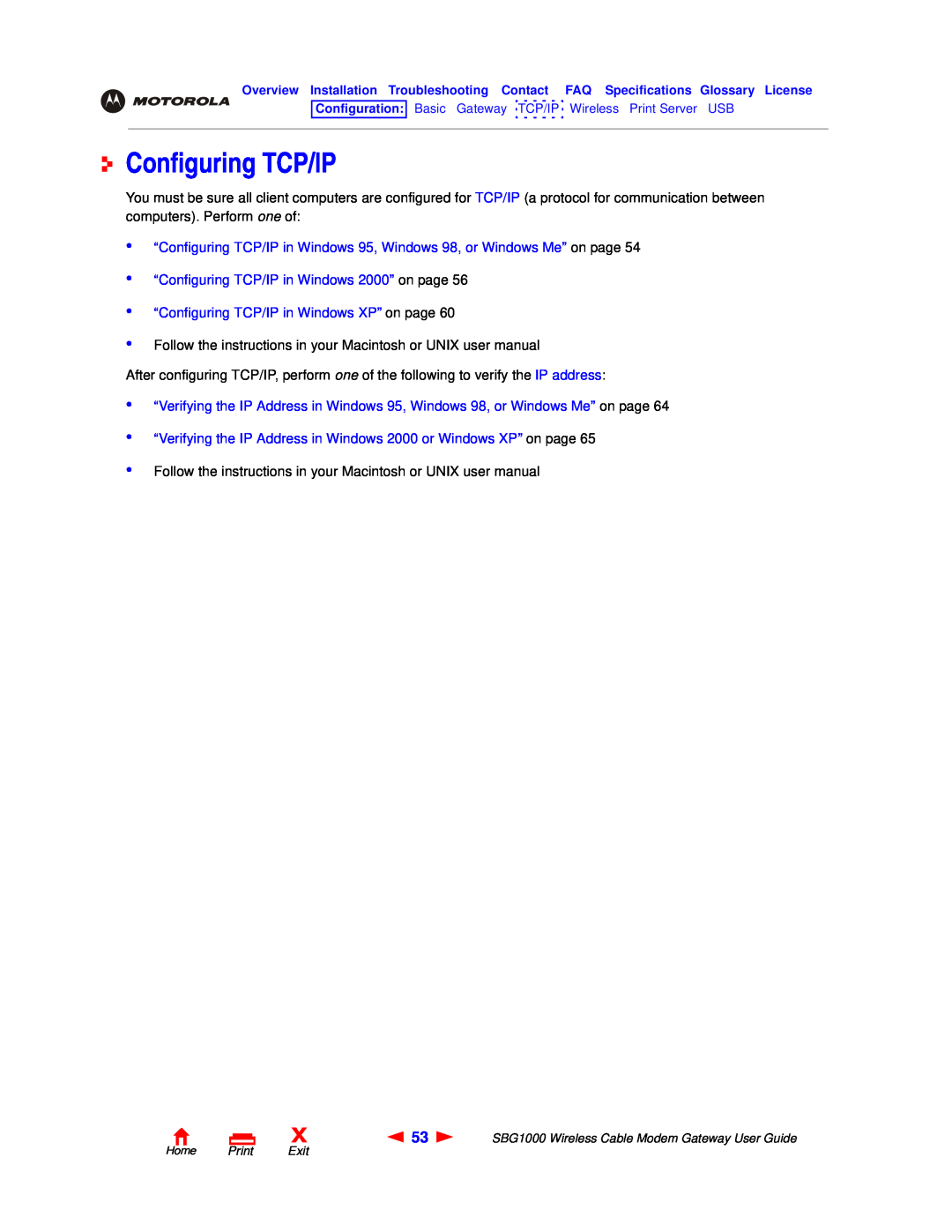 Motorola SBG1000 manual “Configuring TCP/IP in Windows 95, Windows 98, or Windows Me” on page 
