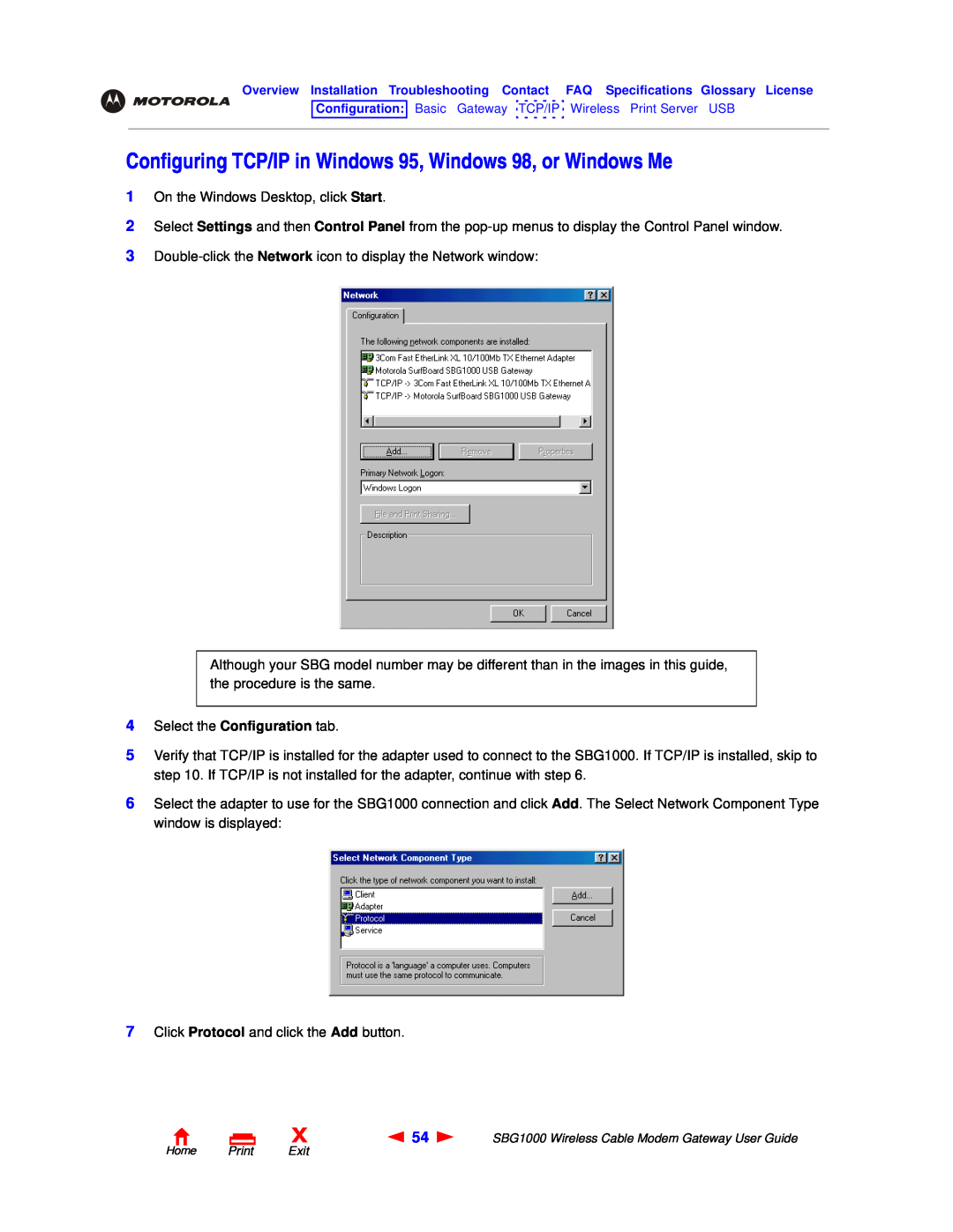 Motorola SBG1000 manual Configuring TCP/IP in Windows 95, Windows 98, or Windows Me 