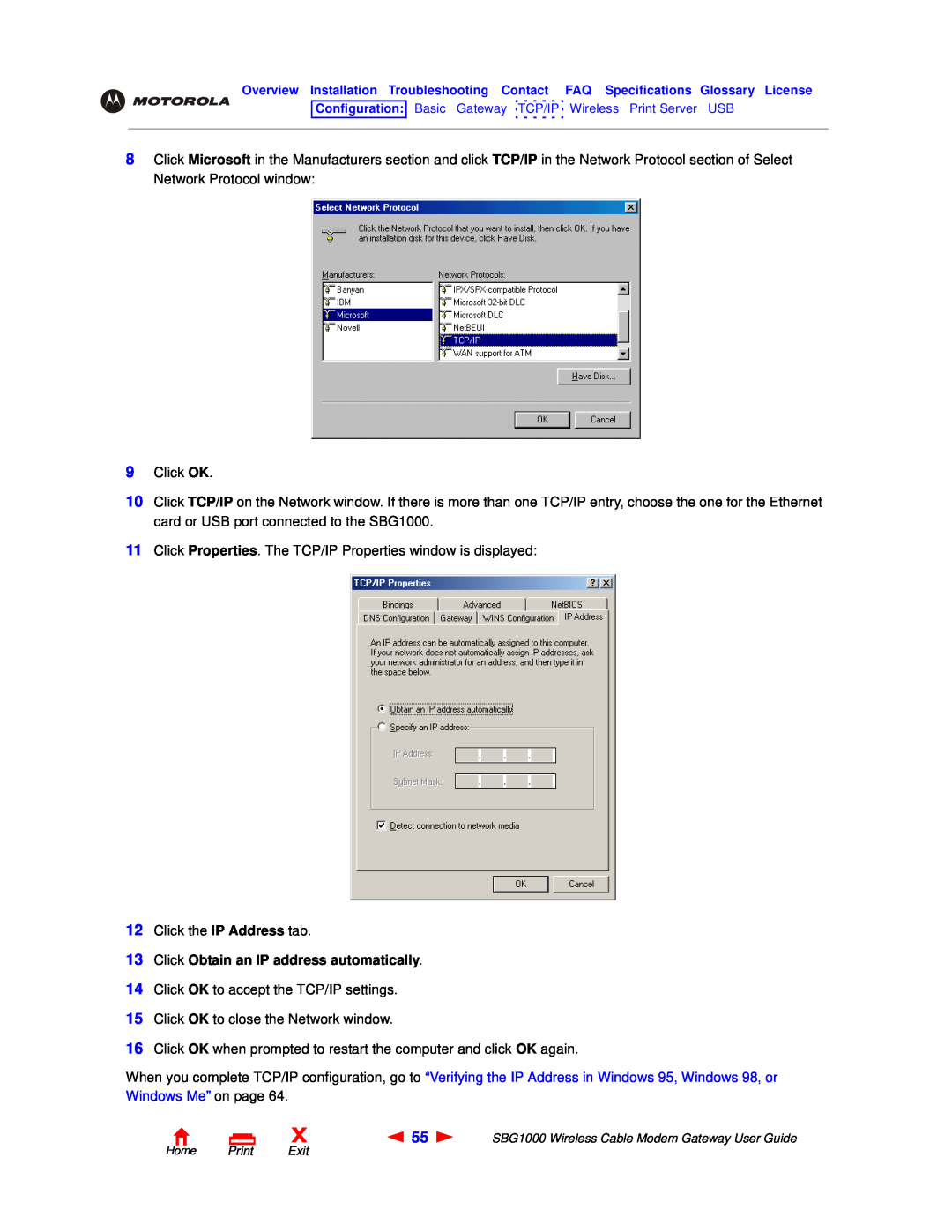 Motorola SBG1000 manual Click Obtain an IP address automatically 