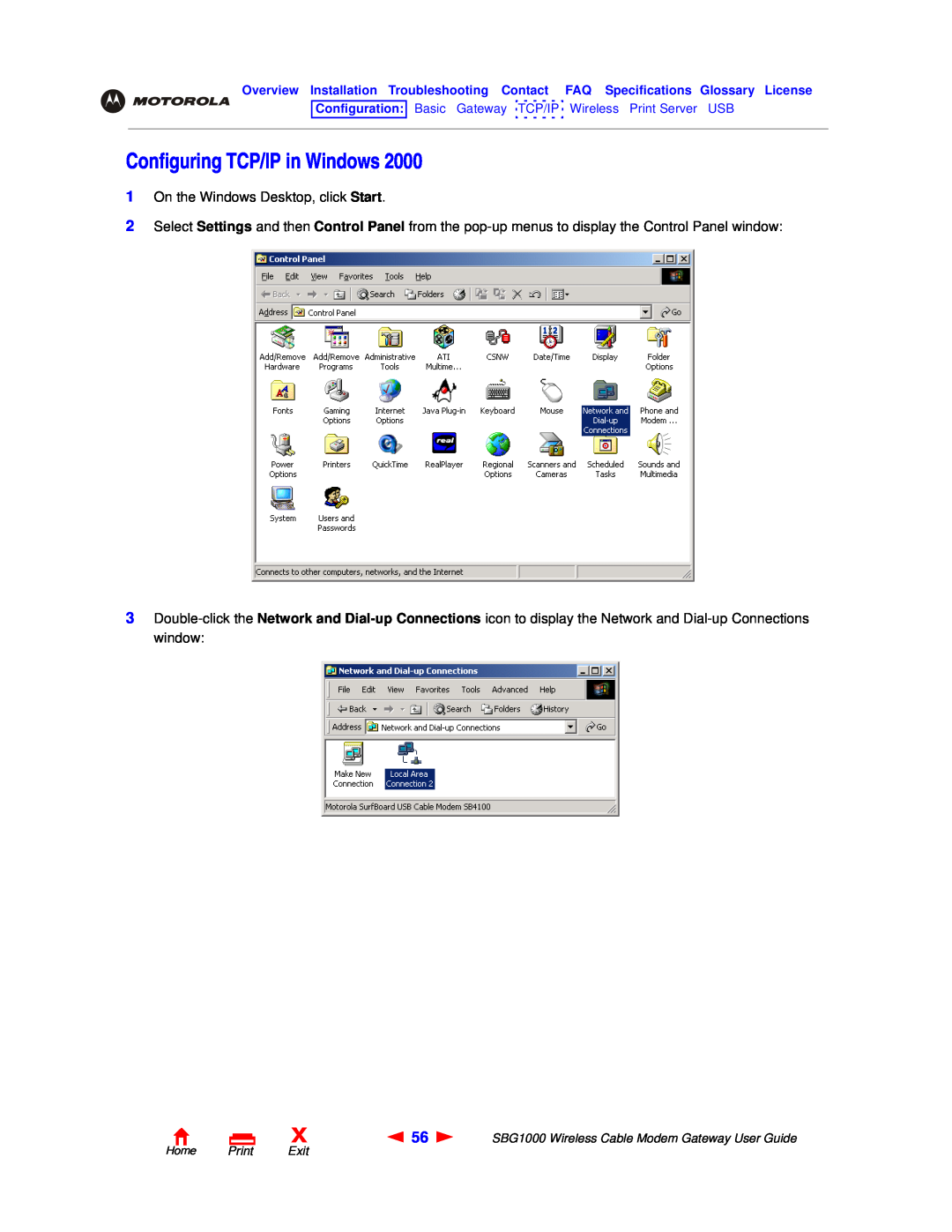 Motorola SBG1000 manual Configuring TCP/IP in Windows 