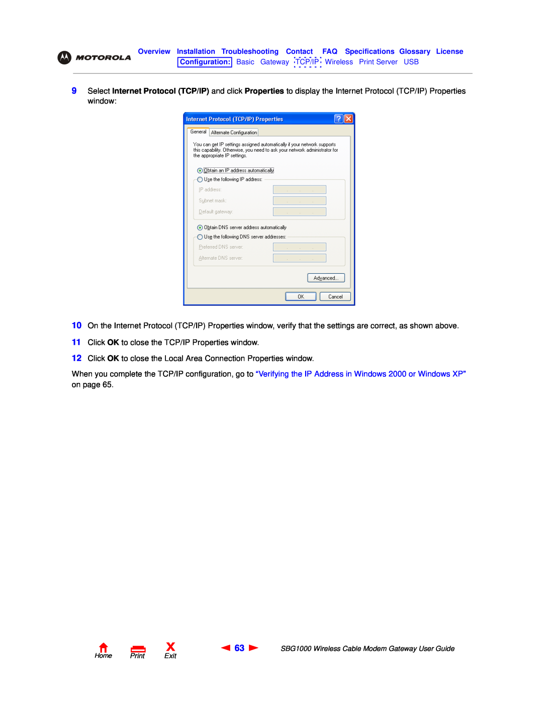 Motorola SBG1000 manual Click OK to close the TCP/IP Properties window 