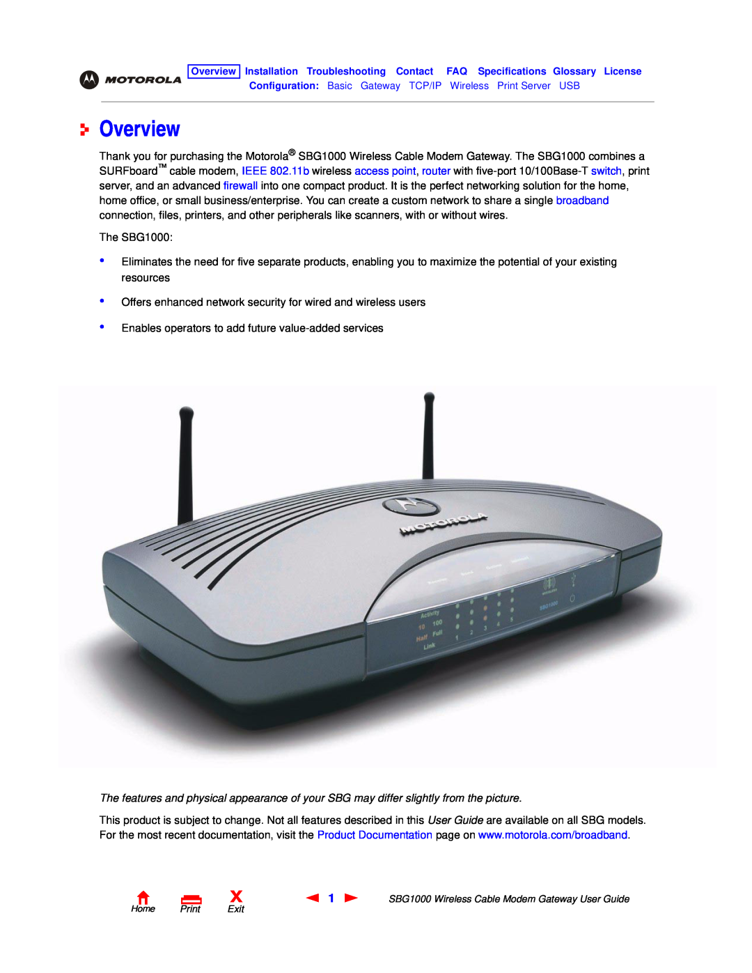 Motorola SBG1000 manual Overview 