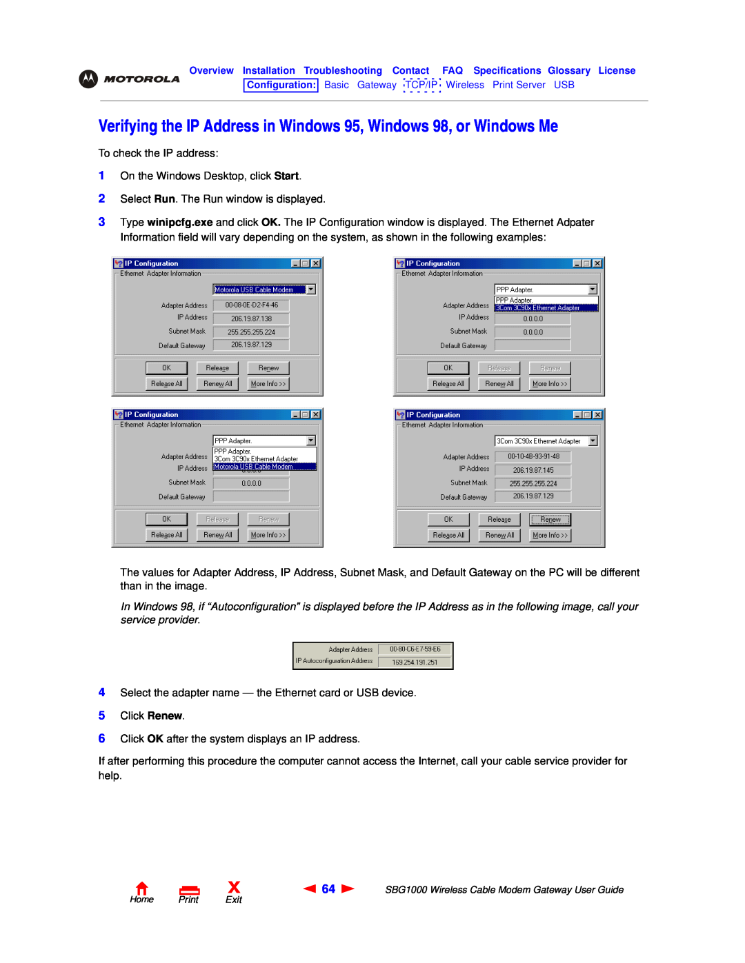 Motorola SBG1000 manual Verifying the IP Address in Windows 95, Windows 98, or Windows Me 