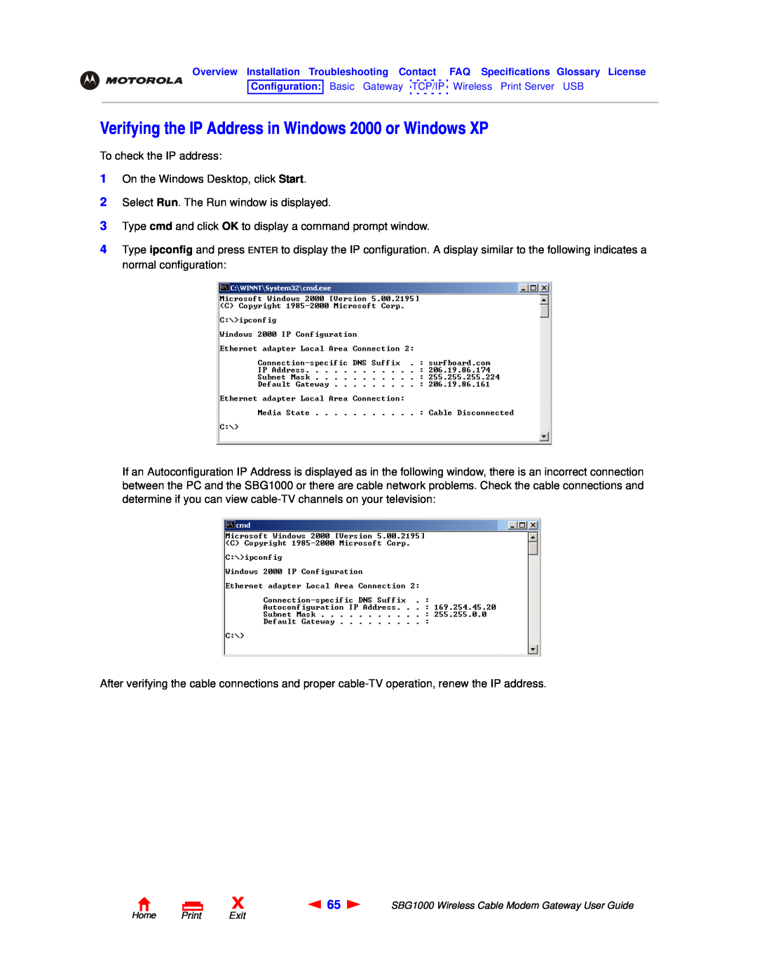 Motorola SBG1000 manual Verifying the IP Address in Windows 2000 or Windows XP 