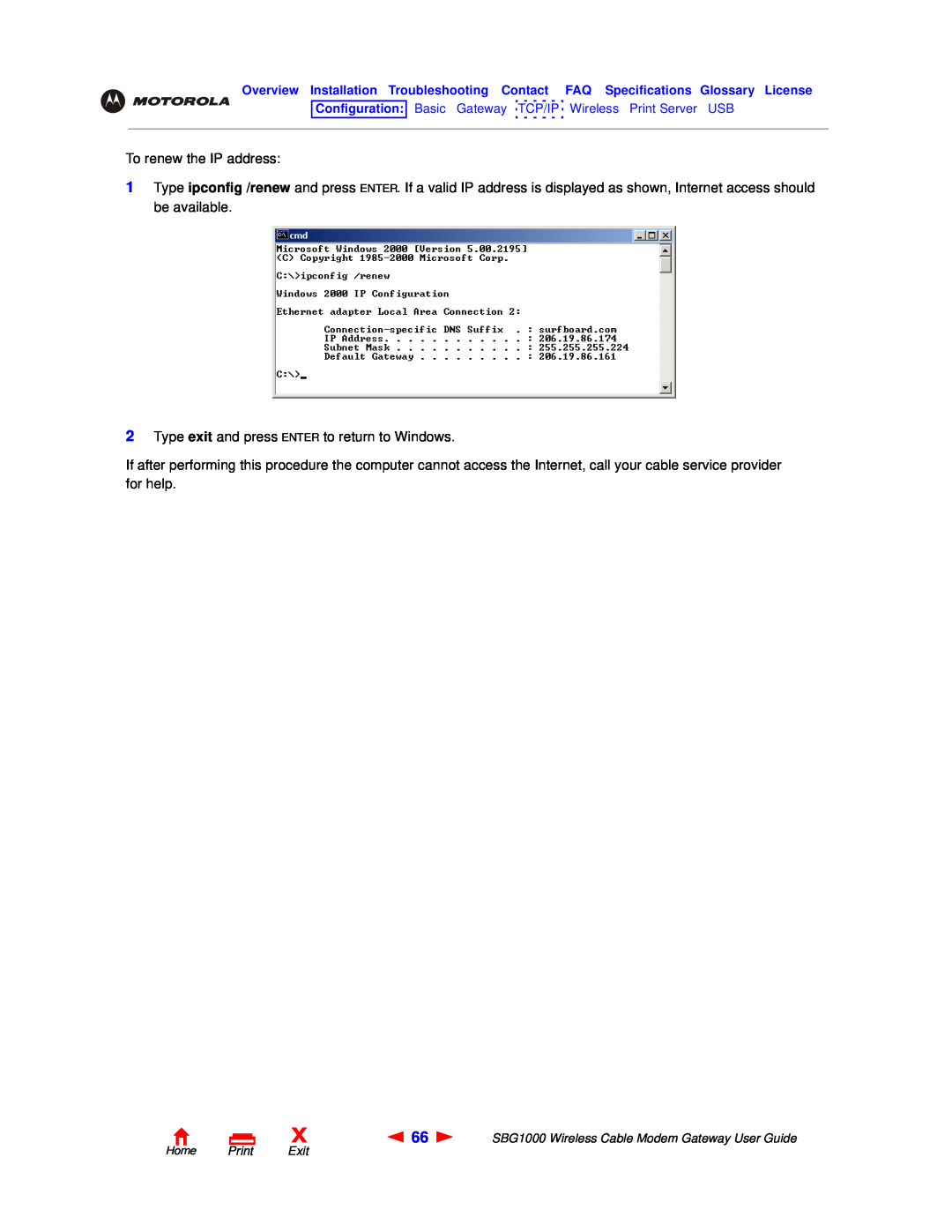 Motorola SBG1000 manual To renew the IP address 
