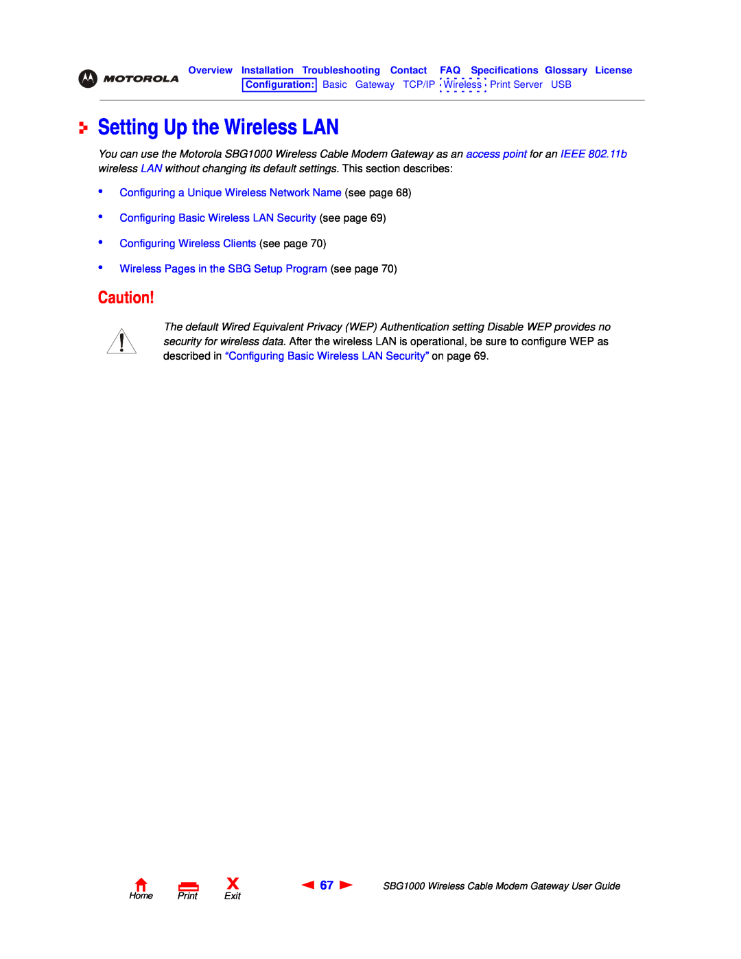 Motorola SBG1000 manual Setting Up the Wireless LAN, Configuring a Unique Wireless Network Name see page 