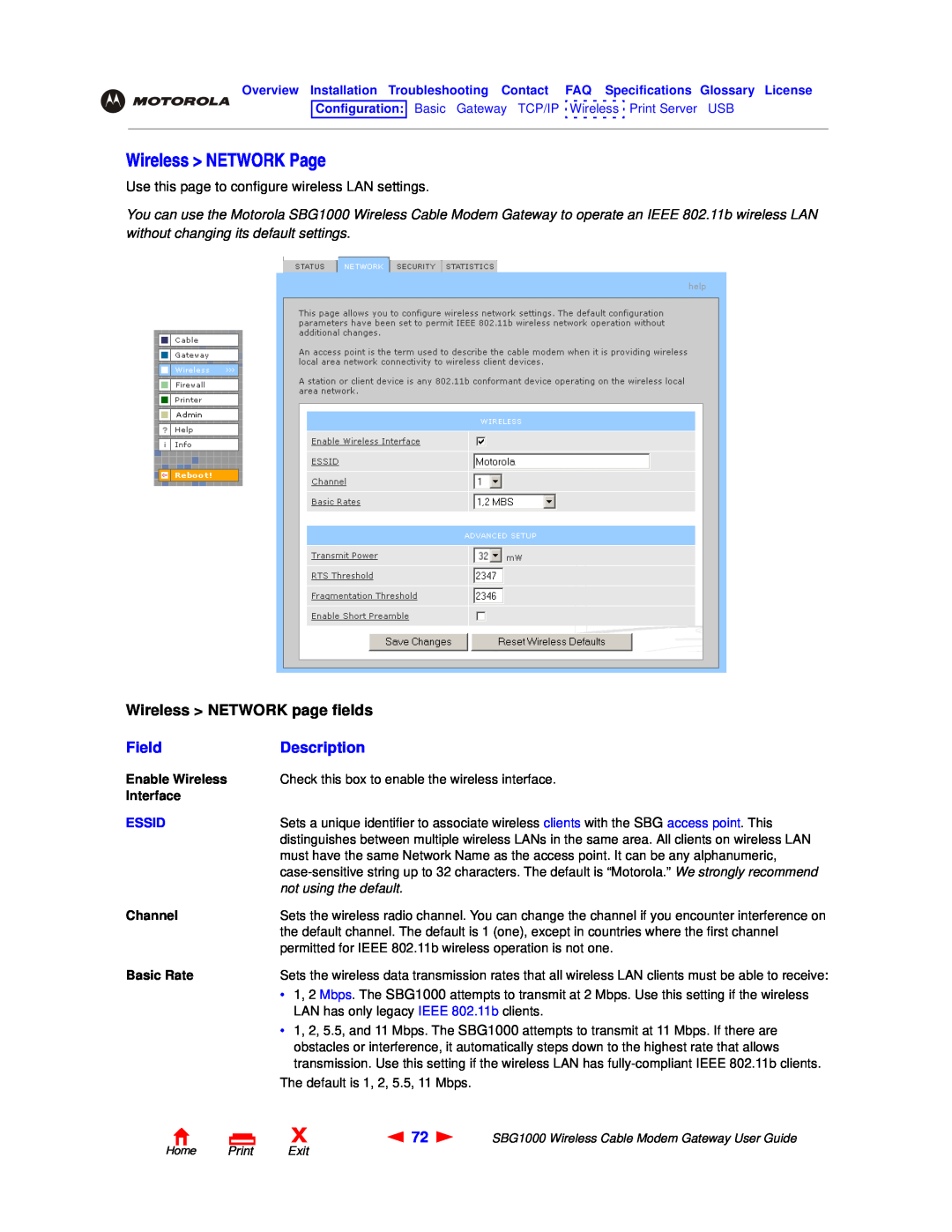 Motorola SBG1000 Wireless NETWORK Page, Wireless NETWORK page fields, Field, Description, Essid, not using the default 
