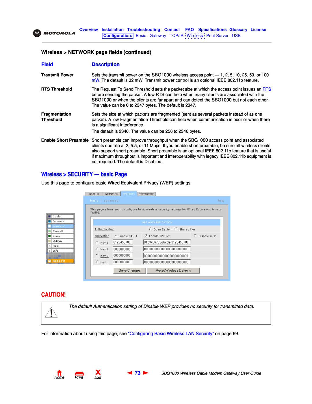 Motorola SBG1000 manual Wireless SECURITY - basic Page, Wireless NETWORK page fields continued, Field, Description 